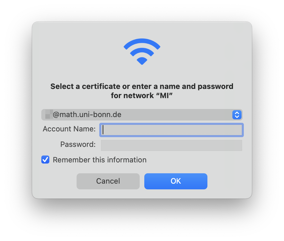 Select a certificate or enter a name and password for network “MI”